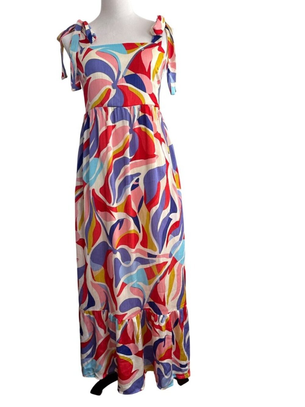 Jade Melody Abstract Swirl Tie Shoulder Adjustable Tie Straps Dress Ruffle Hem S
